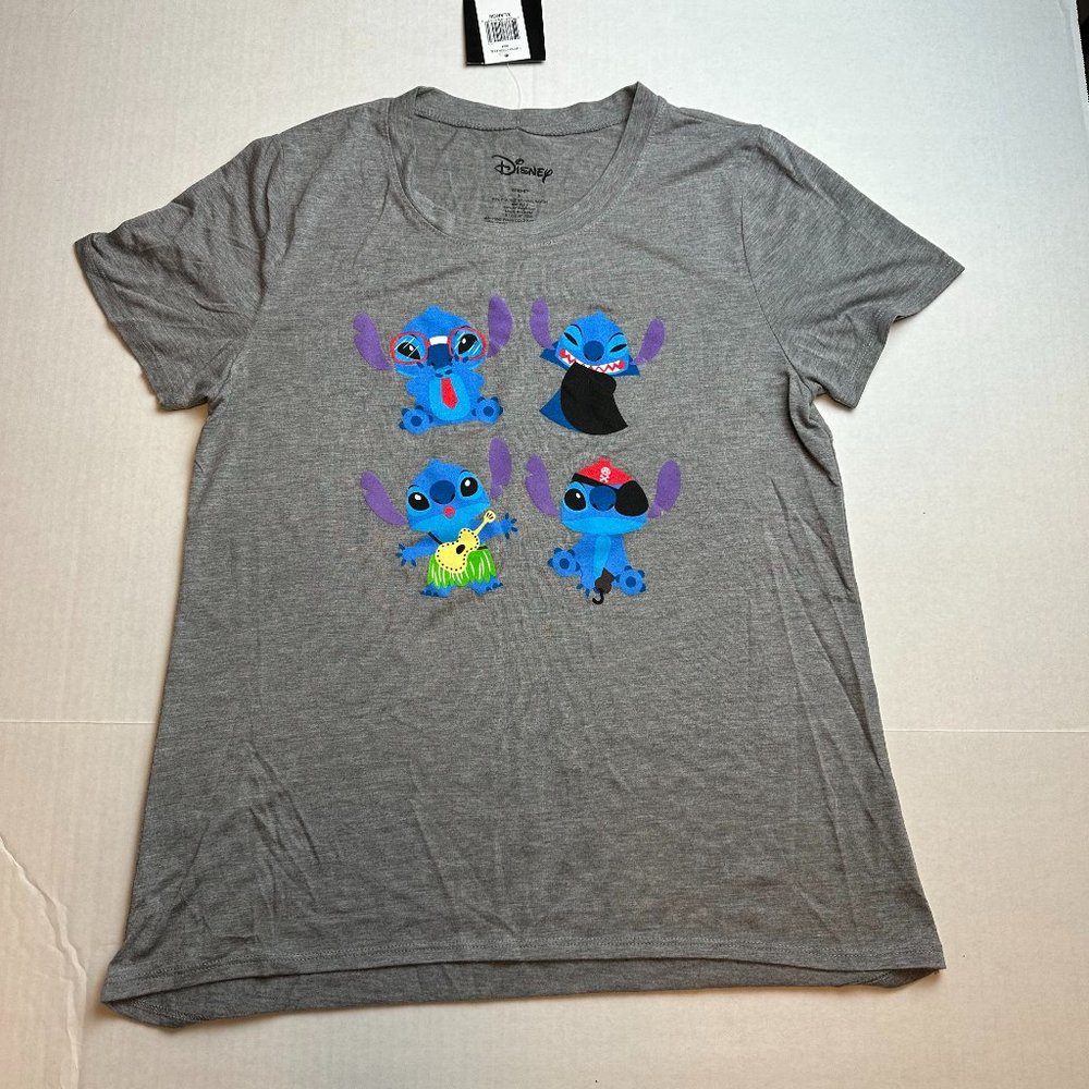 NWT Disney Women's Lilo and Stitch "Many Faces of Stitch" Gray Shirt Size XL